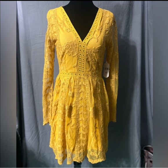 Altar’d State V-Neck Mustard Long Sleeve Dress - Picture 1 of 7